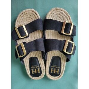 Haute Hippie Black Suede Double Buckle Espadrille Slide Sandals Women's Size7.5M
